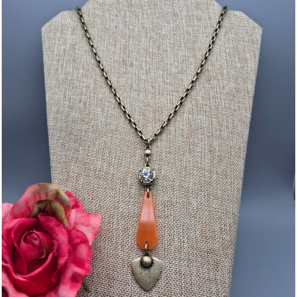 NWT Jessica Simpson Bronze Gold Pendant Necklace Orange Arrow Design Crystal 28"